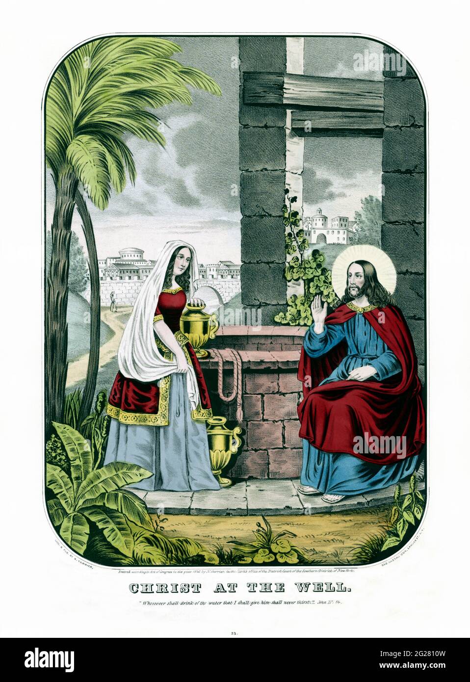 Jesus und die samaritische Frau am Jakobsbrunnen. Stockfoto