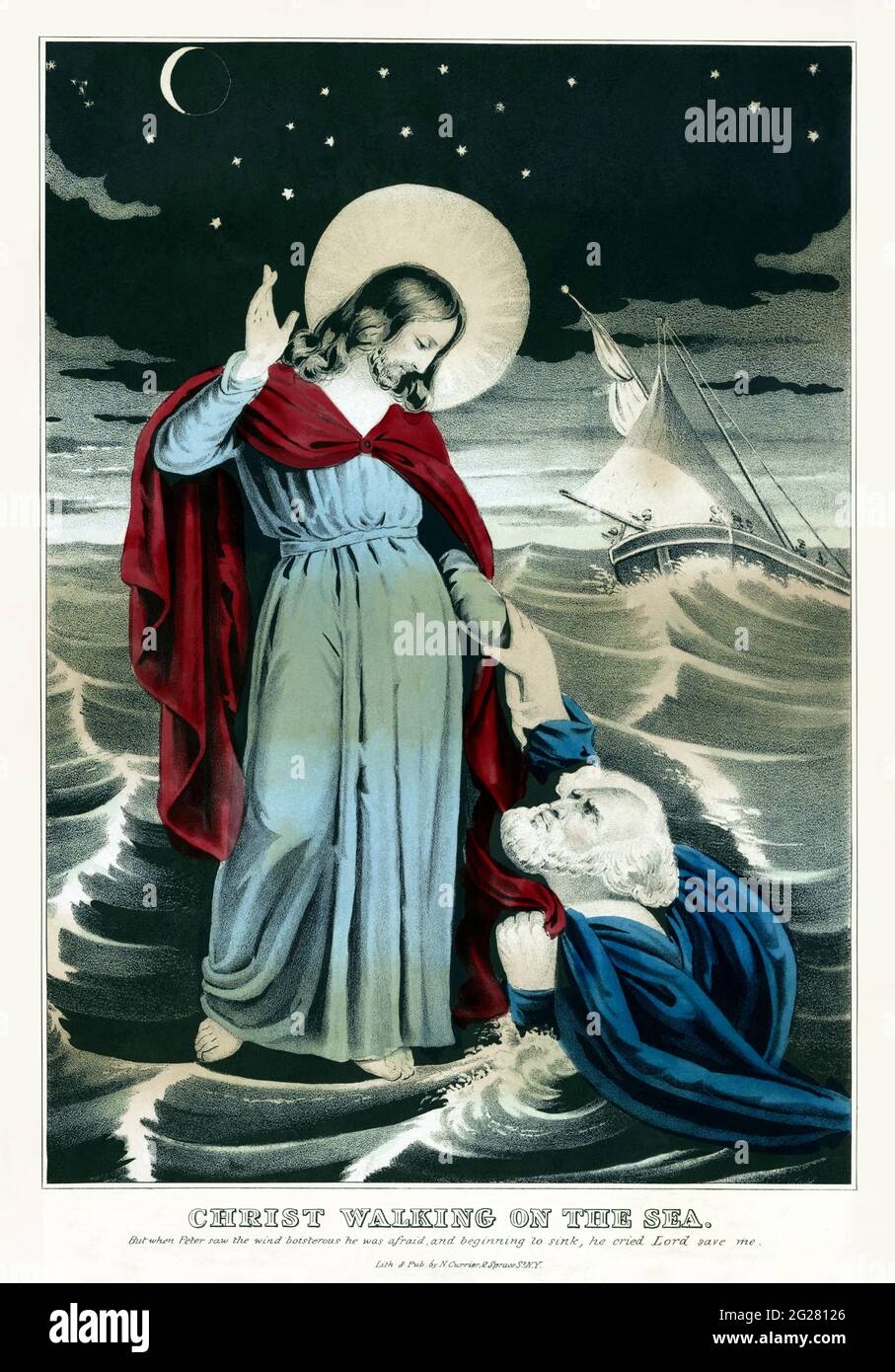 Christus geht auf dem Wasser und rettet einen sinkenden Mann. Stockfoto