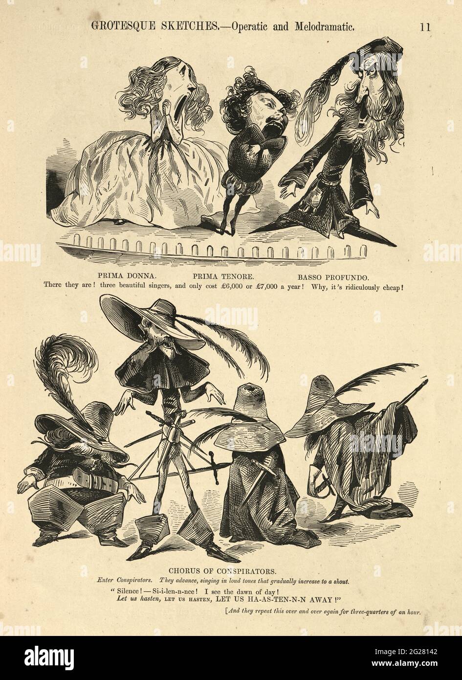 Oper und Melodram, Karikaturen humorvoll und grotesk von Gustave Dore, viktorianisch 1860er Jahre. Prima Donna, Prima tenore Stockfoto