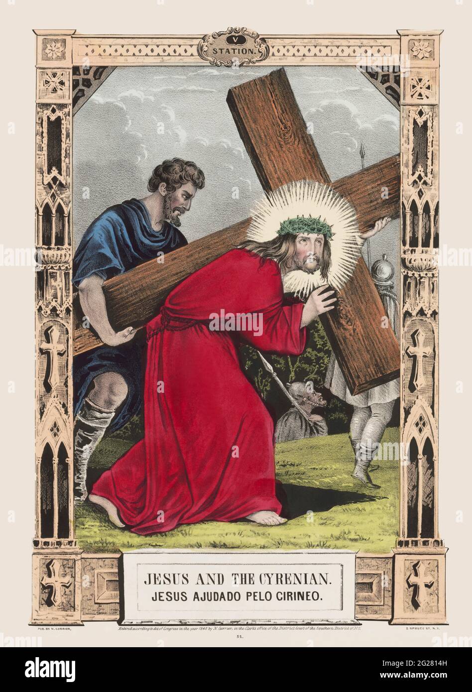 Simon von Kyrene hilft Jesus, sein Kreuz zu tragen. Stockfoto