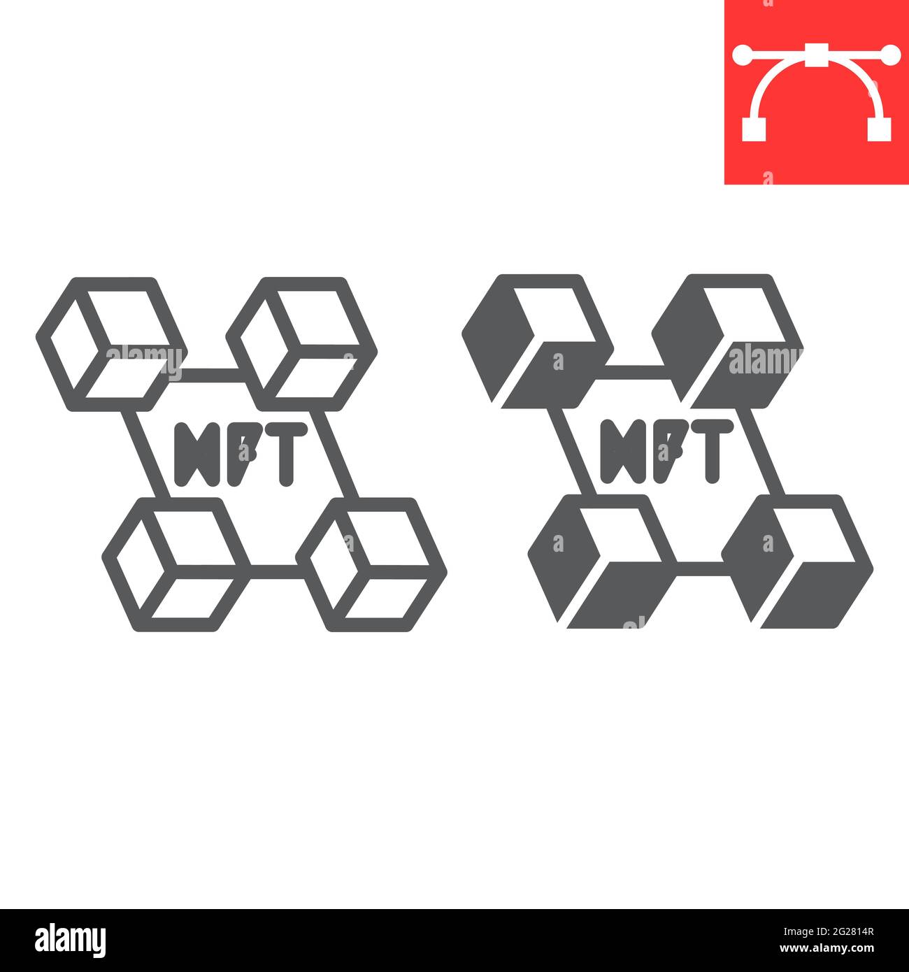 NFT Blockchain-Linie und Glyph-Symbol, eindeutiges Token und Blockchain, nicht fungible Token-Vektor-Symbol, Vektorgrafiken, bearbeitbares Konturumrisszeichen, eps 10 Stock Vektor