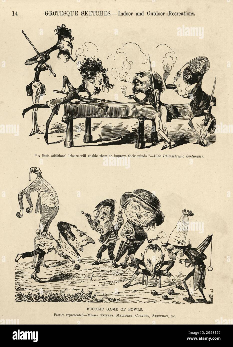 Karikaturen humorvoll und grotesk von Gustave Dore, viktorianisch 1860er Jahre. Freizeiteinrichtungen im Innen- und Außenbereich, Billard und Bowling Stockfoto