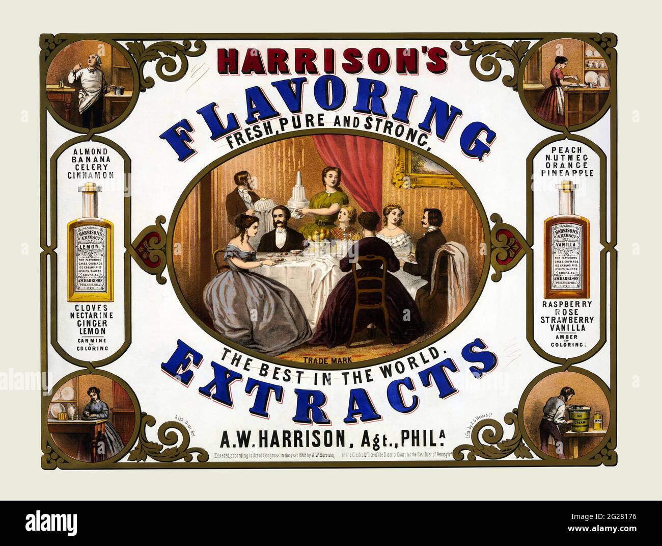 Vintage-Werbung für Harrisons Aromaextrakte. Philadelphia, um 1853 Stockfoto