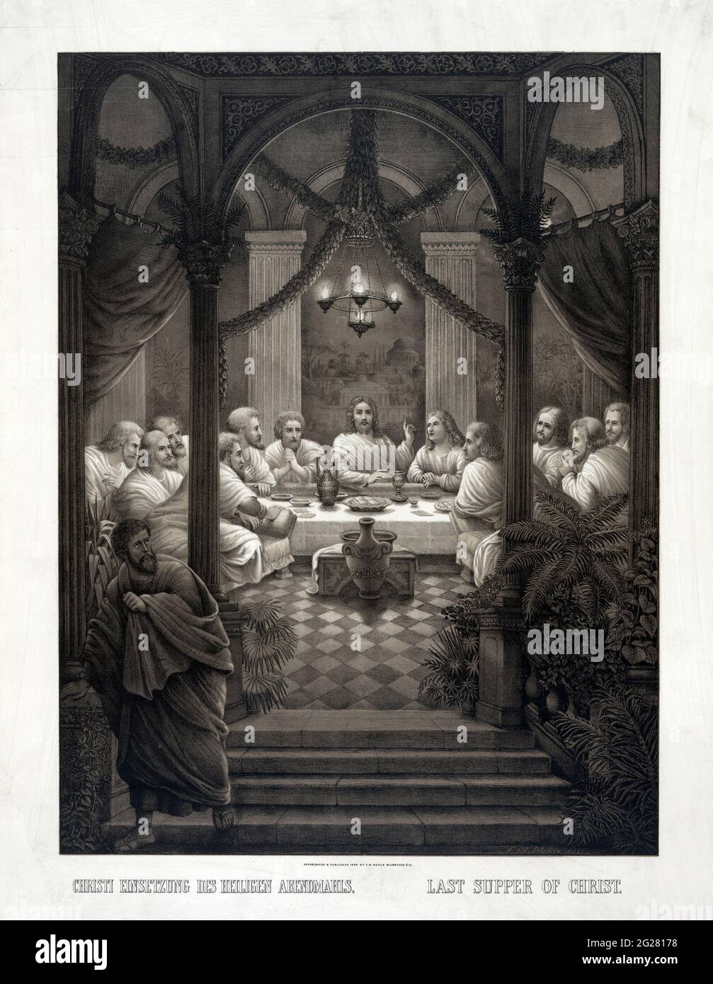 Jesus Christus und seine Apostel beim Letzten Abendmahl. Auf der linken Seite schleicht sich Judias weg. Stockfoto