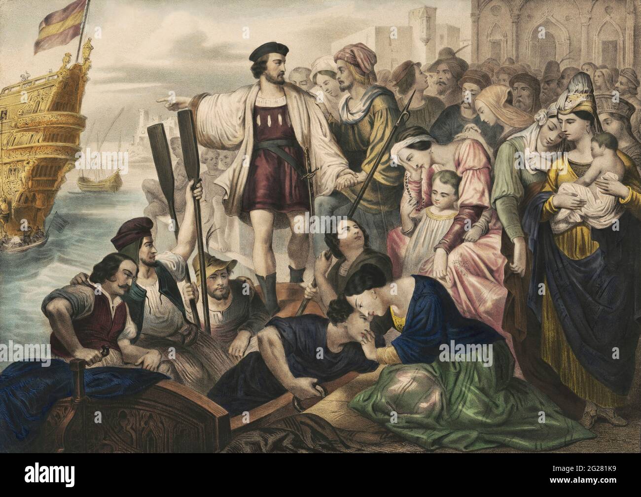 Christopher Columbus und seine Crew verlassen den Hafen von Palos, Spanien, in die Neue Welt. Stockfoto