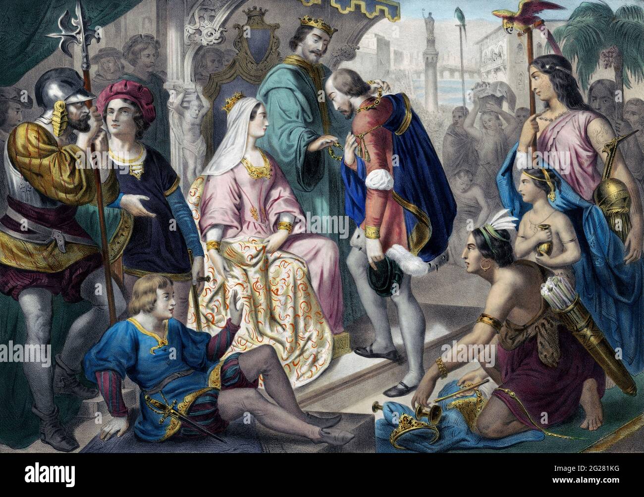 Christoph Kolumbus begrüßte König Ferdinand und Königin Isabella bei seiner Rückkehr nach Spanien. Stockfoto