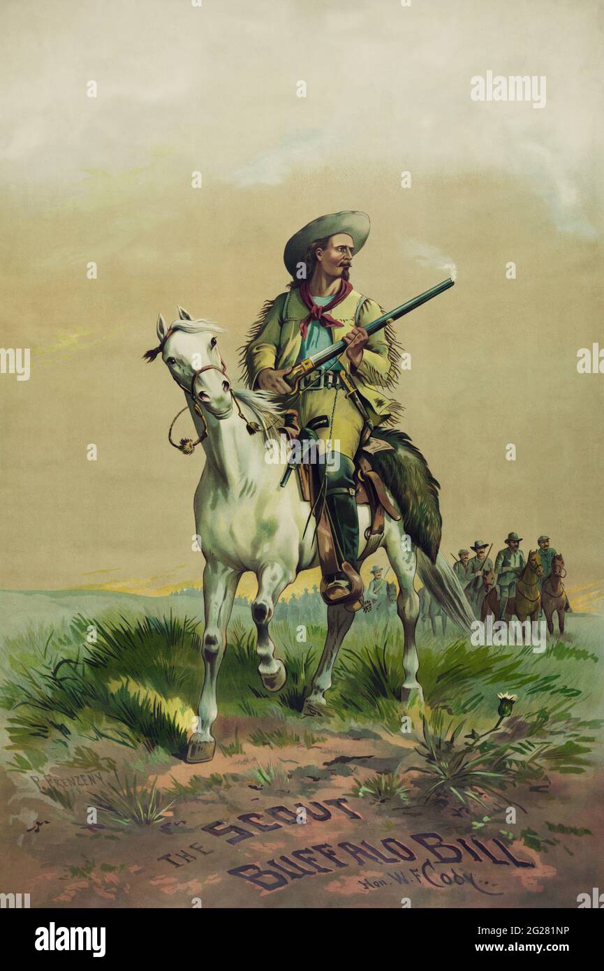 Buffalo Bill zu Pferd, mit rauchenden Gewehr, vor Soldaten zu Pferd. Stockfoto