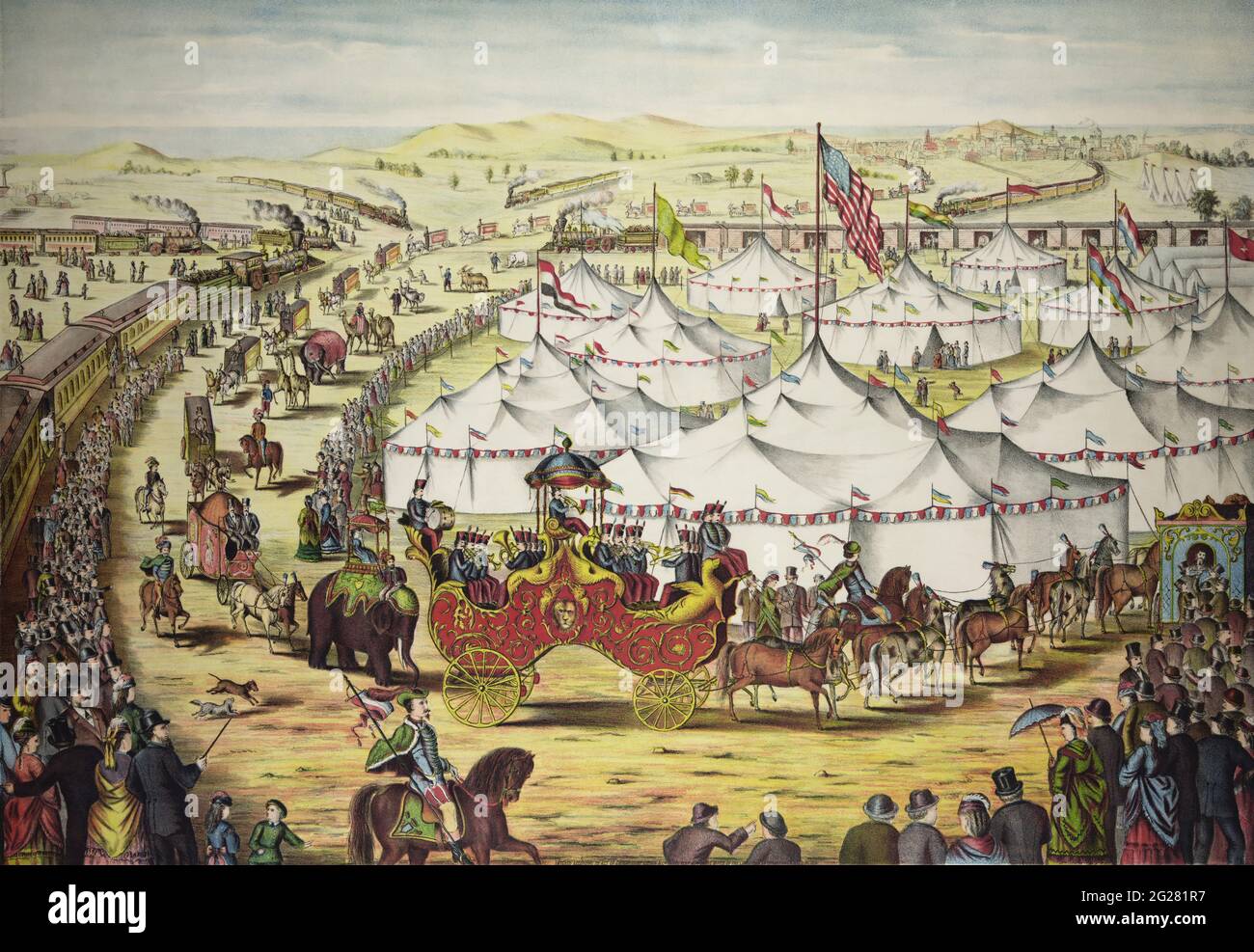 Zirkusparade um Zelte, mit Menschenmengen am Bahnzug, um 1874. Stockfoto