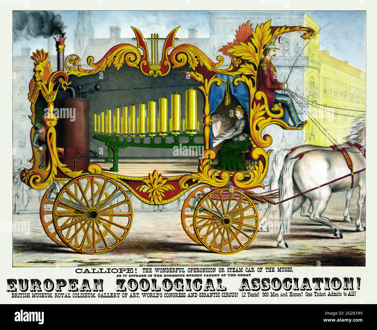 Vintage-Poster eines Calliope-Dampforgans, das in Zirkussen verwendet wird. Stockfoto