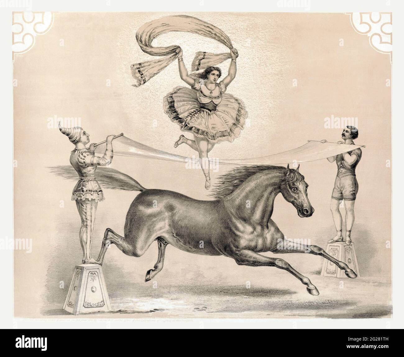 Vintage-Druck einer Zirkusdarstellerin, die über ein großes Band springt und dann wieder auf dem Pferd landet. Stockfoto