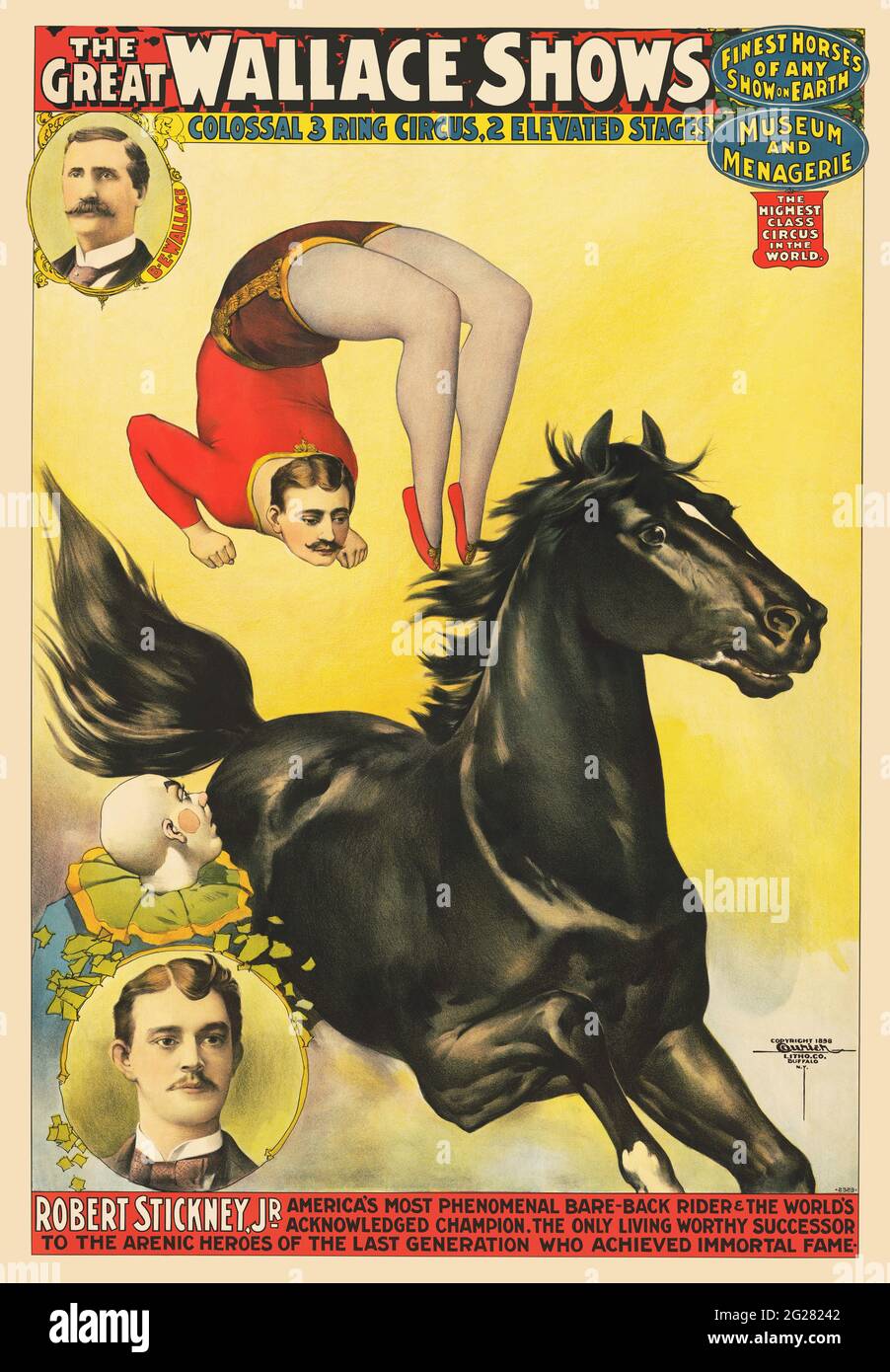 Klassisches Zirkusposter für die Great Wallace Show, das einen akrobaten zeigt, der einen Rückwärtssalto auf einem galoppierenden Pferd vorführt. Stockfoto