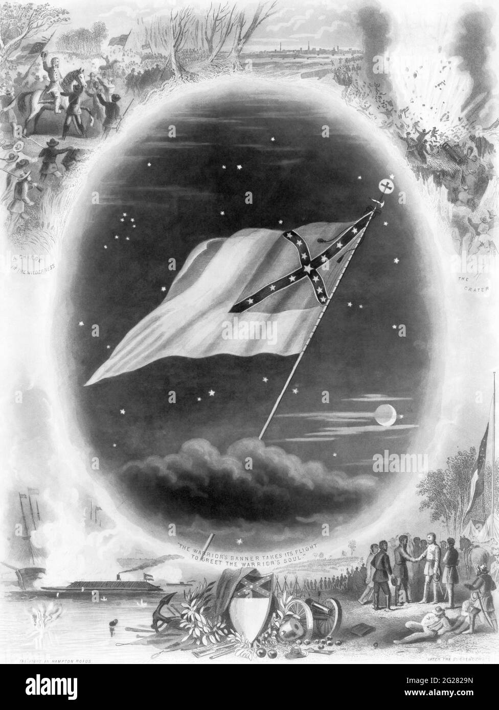 Die konföderierte Flagge gegen den Nachthimmel mit Mond und Sternen, umgeben von Kampfszenen. Stockfoto