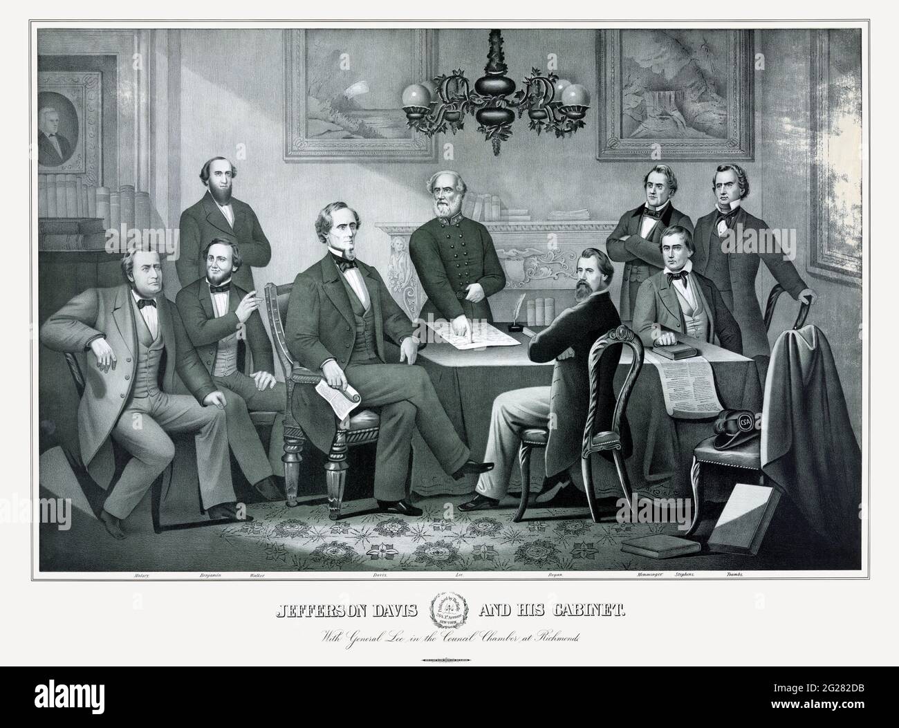 Jefferson Davis und sein Kabinett, mit General Lee in der ratskammer in Richmond, um 1863. Stockfoto