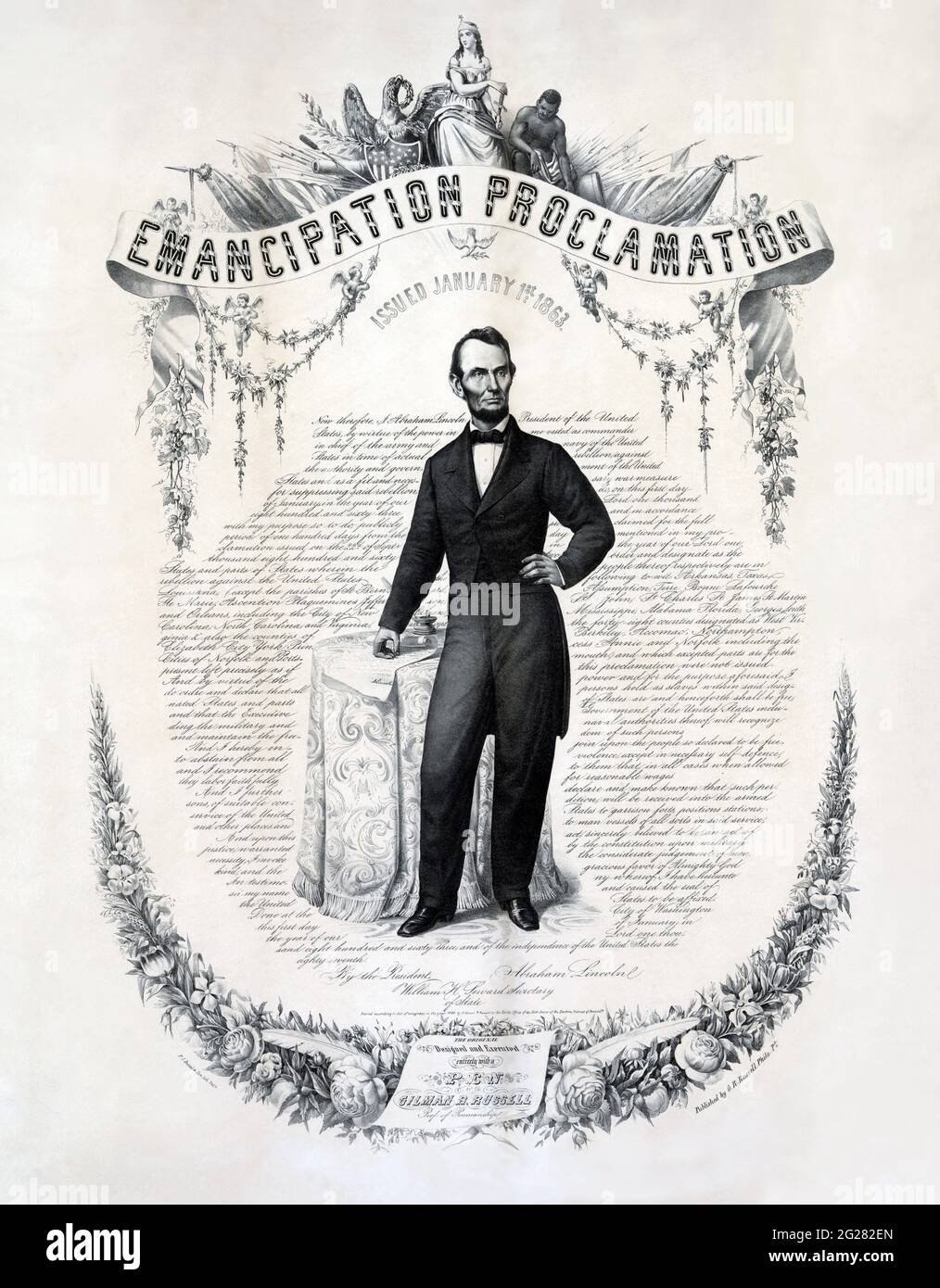 Ein Bild des US-Präsidenten Abraham Lincoln über die Emanzipationsproklamation. Stockfoto