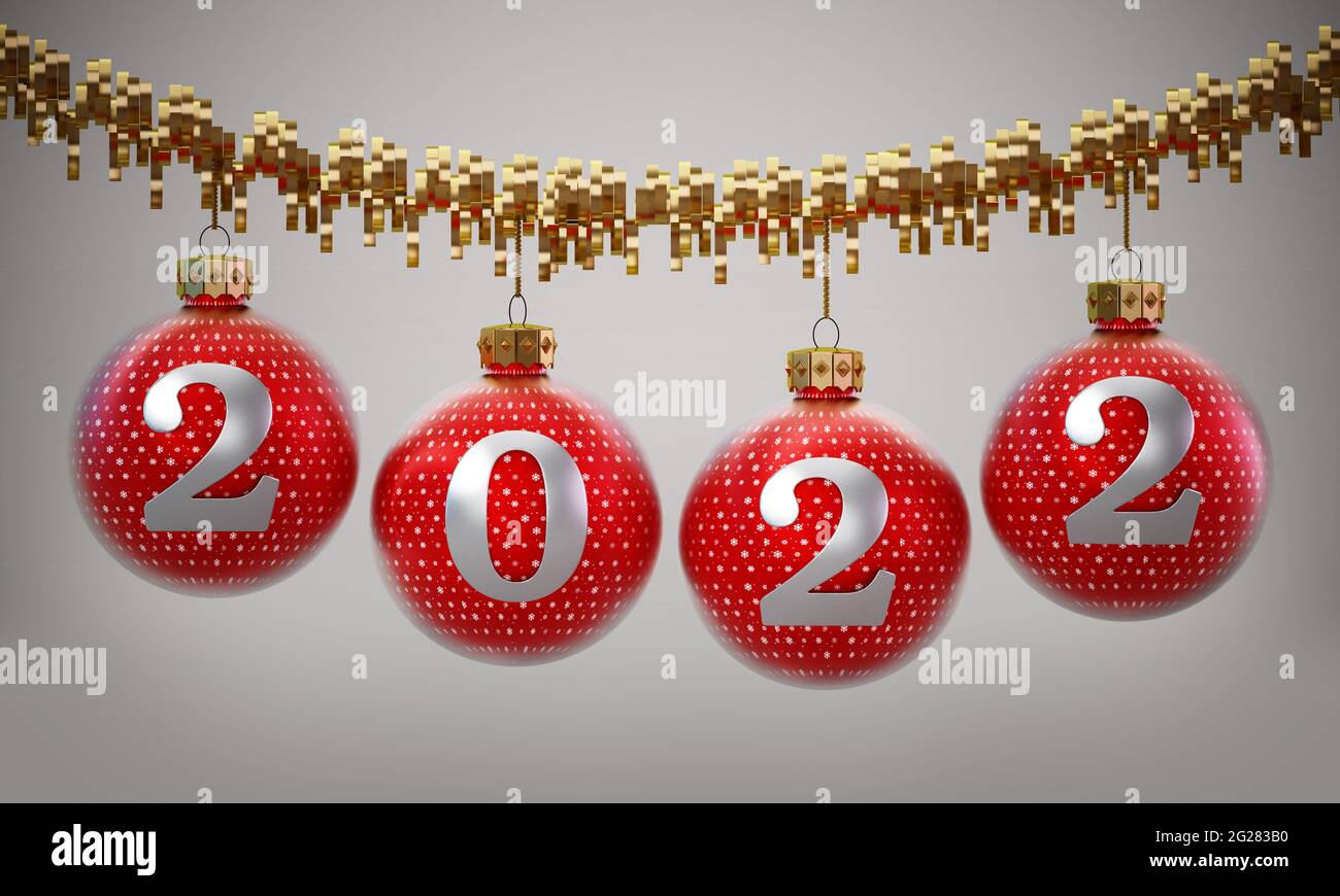 Nummer 2022 auf roten Weihnachtskugeln. 3D-Illustration. Stockfoto