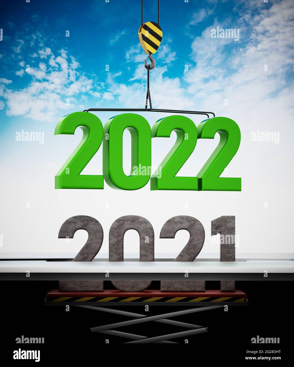2022 Zahl von Kran getragen ersetzt 2021. 3D-Illustration. Stockfoto