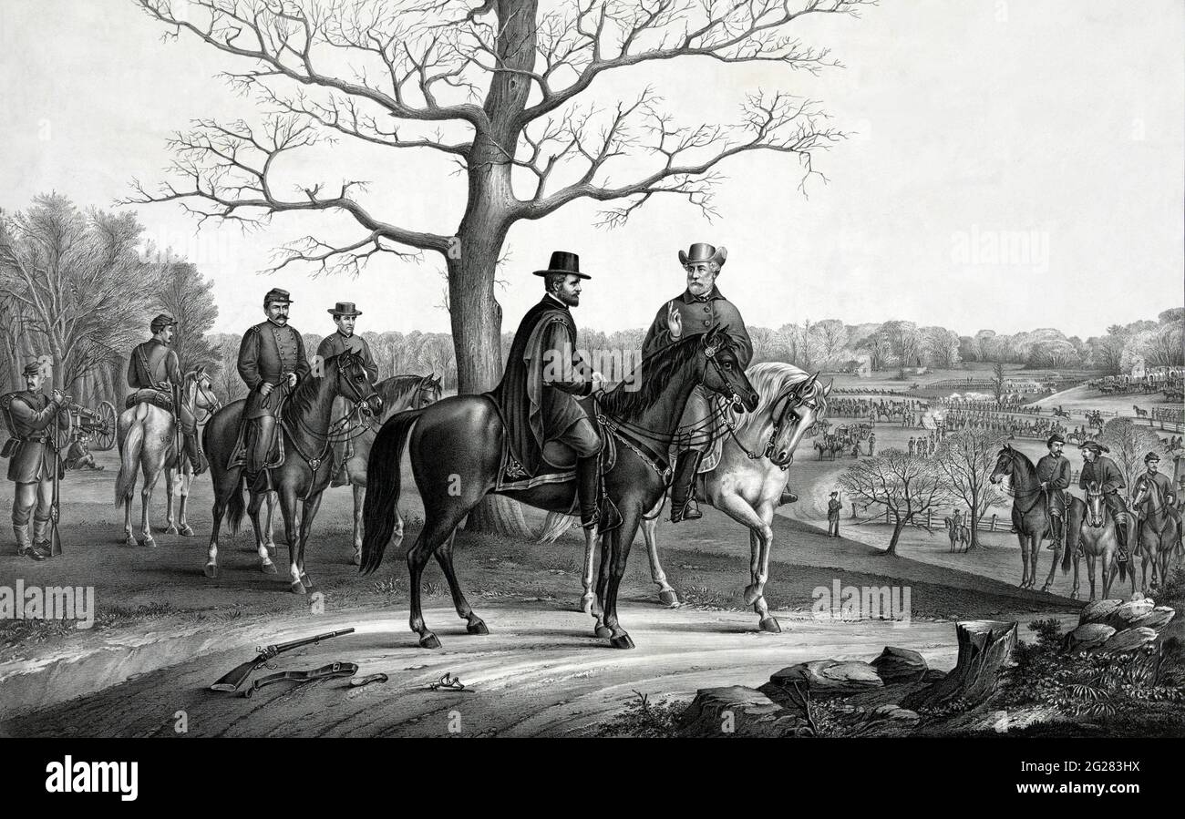 Die Generäle Robert E. Lee und Ulysses S. Grant planen die Kapitulation von Lees konföderierten Armee. Stockfoto