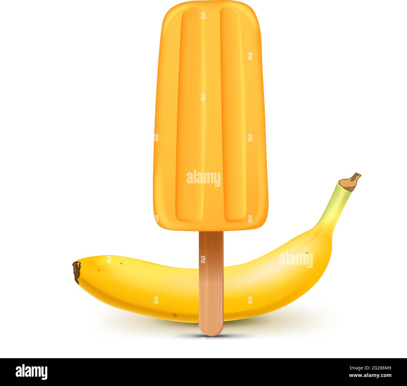 Gelbes Bananeneis mit Popsicle Stick. Realistische Banane isoliert auf weißem Hintergrund. Stock Vektor