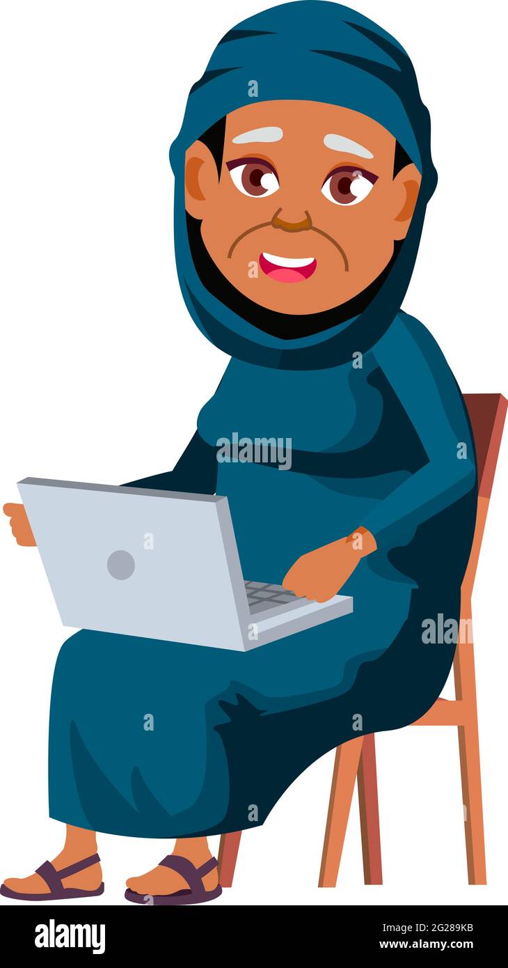 islamische Frau Senior beobachten lustige Film auf Laptop Cartoon-Vektor Stock Vektor
