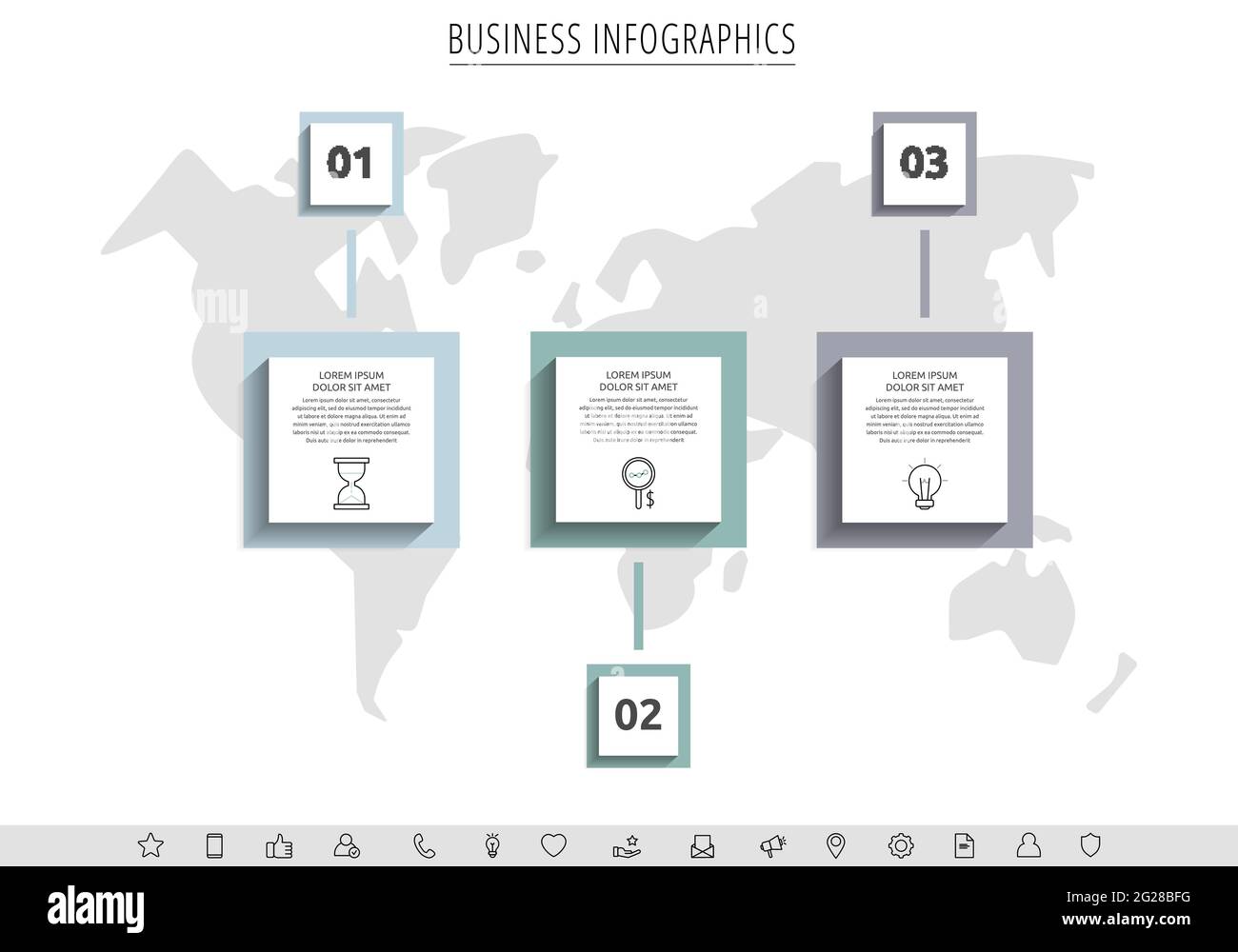 Minimale Infografiken mit drei quadratischen Elementen oder rechteckigen Rahmen. Moderne Visualisierung des 2-stufigen Geschäftskonzepts. Flaches Infografik-Design Stock Vektor