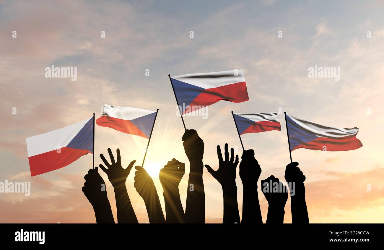 Silhouette der aufgehobenen Arme, die mit Stolz eine tschechische Flagge schwenken. 3D-Rendering Stockfoto