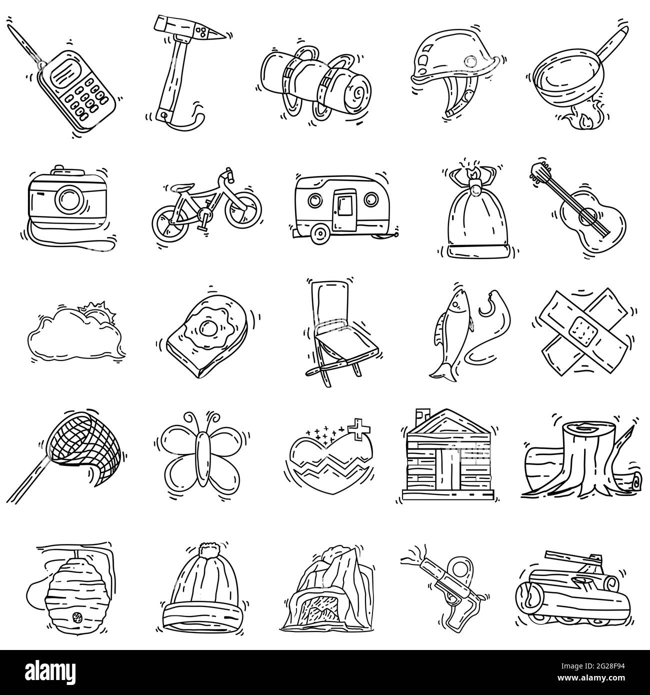 Wandern Abenteuer Set, Reise, Reise, Camping. Handgezeichnete Icon-Design, Umriss schwarz, Doodle Symbol Vektor-Symbol Stock Vektor