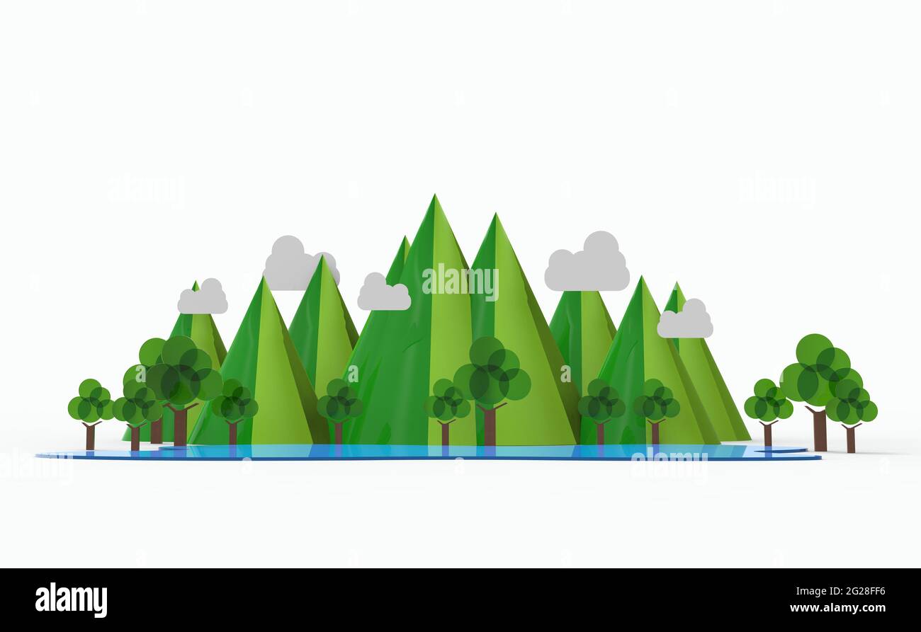 Naturlandschaft.Berg, See, Baum isoliert auf weißem Hintergrund. 3D-Illustration Stockfoto