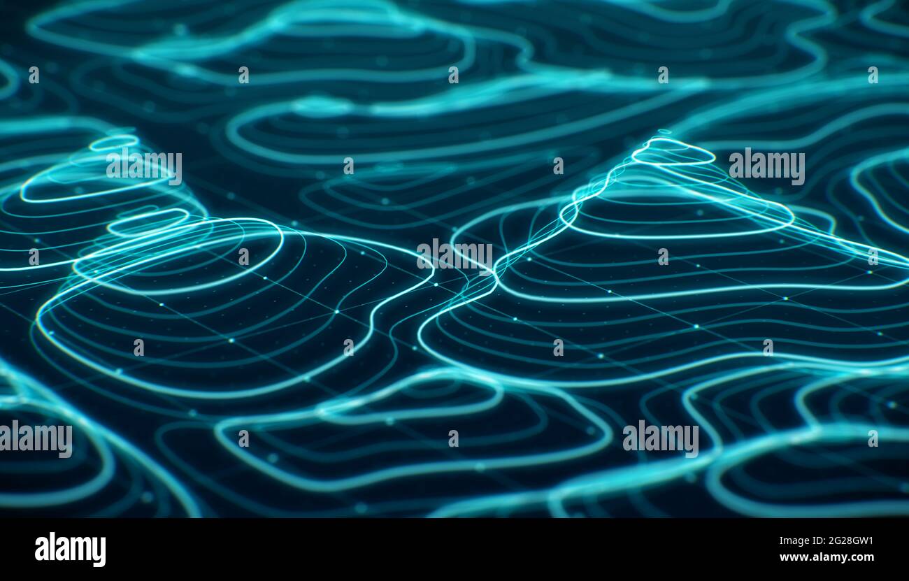 Futuristischer hud-Bildschirm mit Berglandschaft, abstrakter Hintergrund. Stockfoto