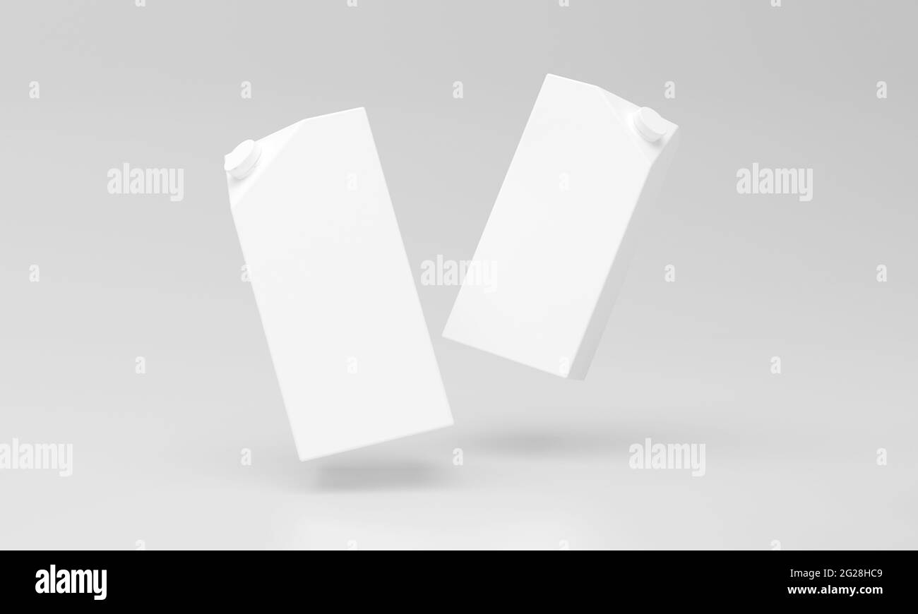 3D-Rendering von weißen Milchverpackungen auf grauem Hintergrund Stockfoto