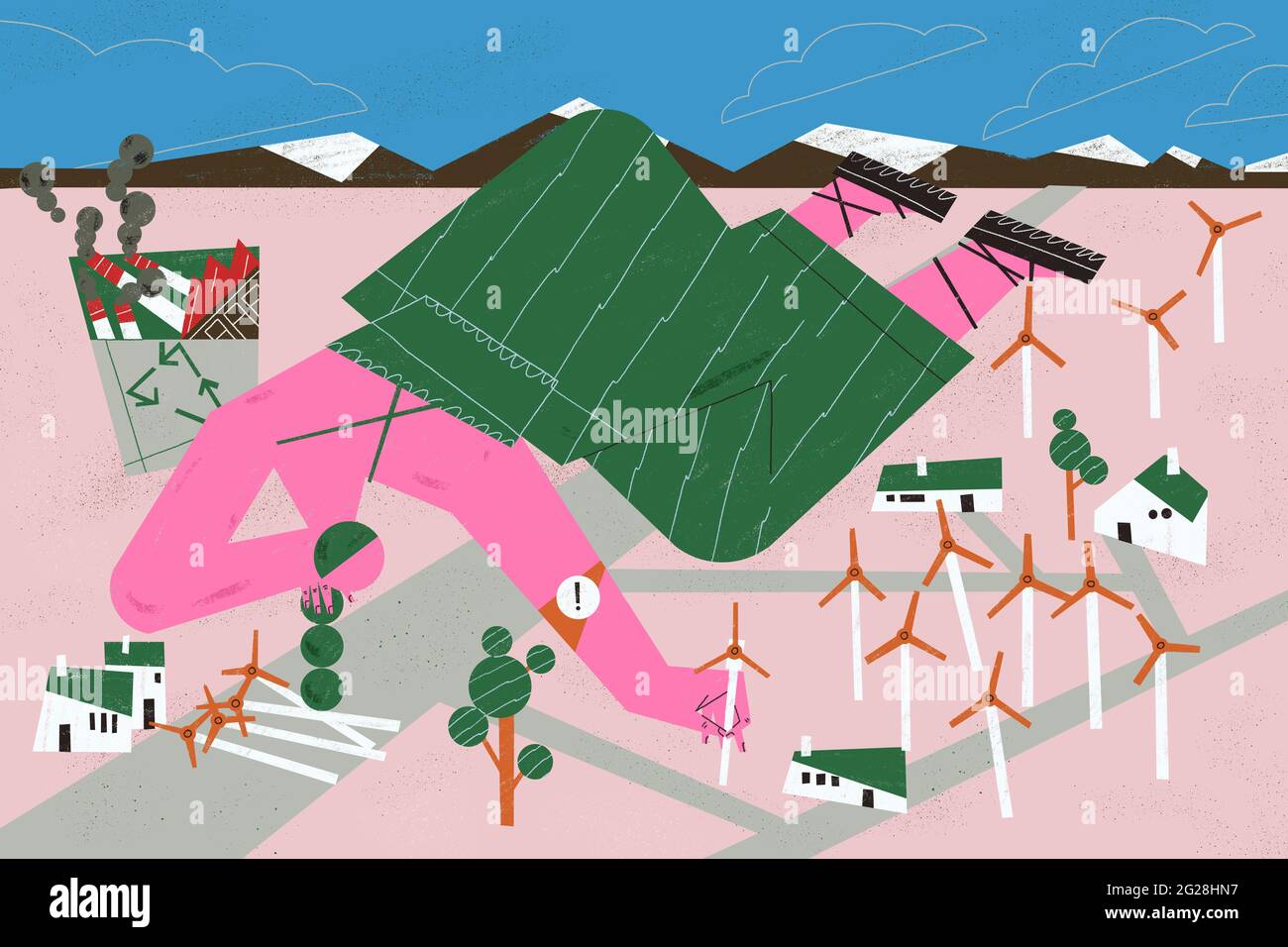 Nutzung von grüner Energie durch Windkraftanlagen als saubere Technologie und Produktion. Umweltschützer und Green Concept Illustration. Stockfoto