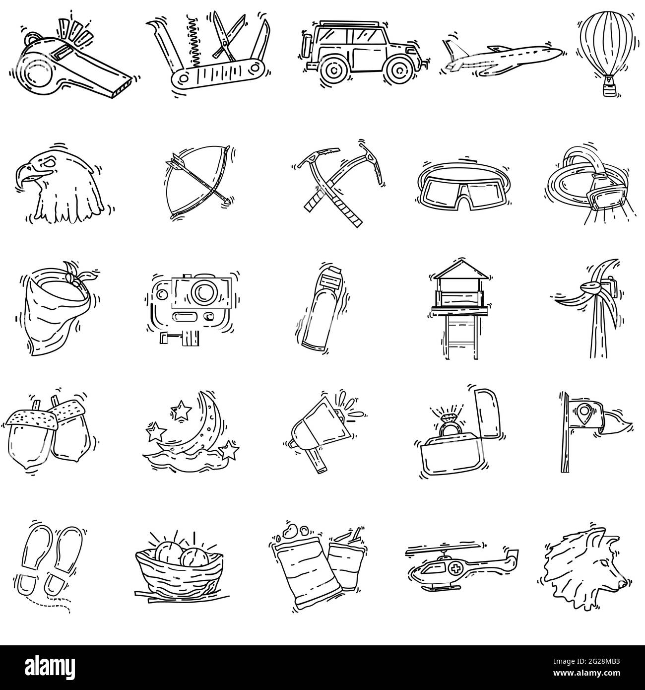 Wandern Abenteuer Set, Reise, Reise, Camping. Handgezeichnete Icon-Design, Umriss schwarz, Doodle Symbol Vektor-Symbol Stock Vektor