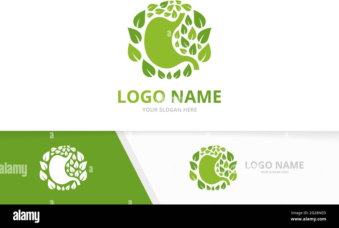 Grüne Vorlage für den Logotyp des Magen-Darm-Trakts. Logo mit natürlichem Bauch- und Blattdesign. Stock Vektor
