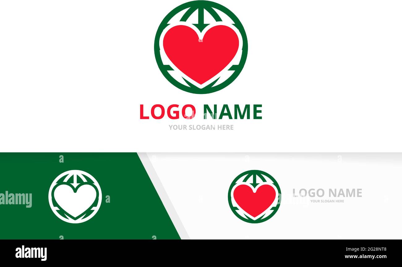 Kombination aus Vektor-Herz und Globus-Logo. Design-Vorlage für das Logo der Liebe und der Welt. Stock Vektor