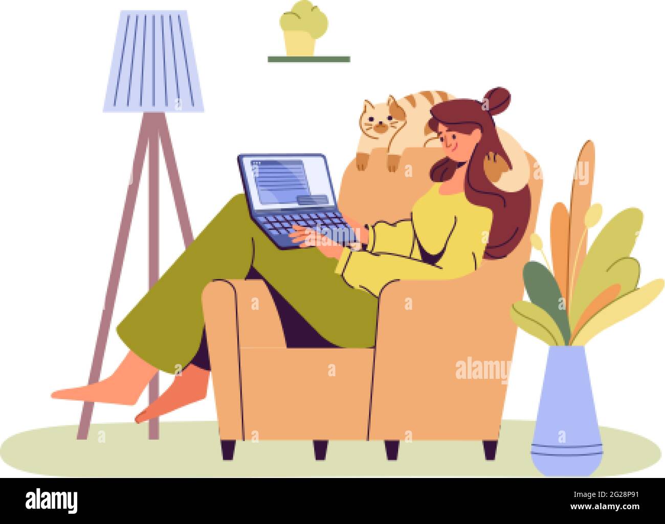 Glückliches Mädchen mit Laptop sitzt auf einem Sessel. Junge Frau, die am Computer arbeitet oder studiert. Gemütliches Heimbüro, Arbeit zu Hause, Online-Bildung oder Social-Media-Konzept. Selbstständiger Mitarbeiter oder Freiberufler. Stock Vektor