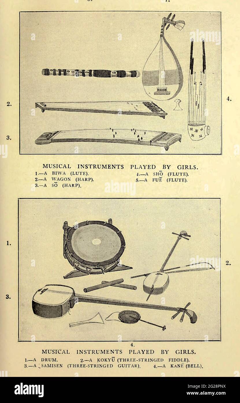 Japanische Musikinstrumente aus dem Buch "die Geschichte des Geisha-Mädchens" von Taizo Fujimoto, herausgegeben in London von T. Werner Laurie Stockfoto