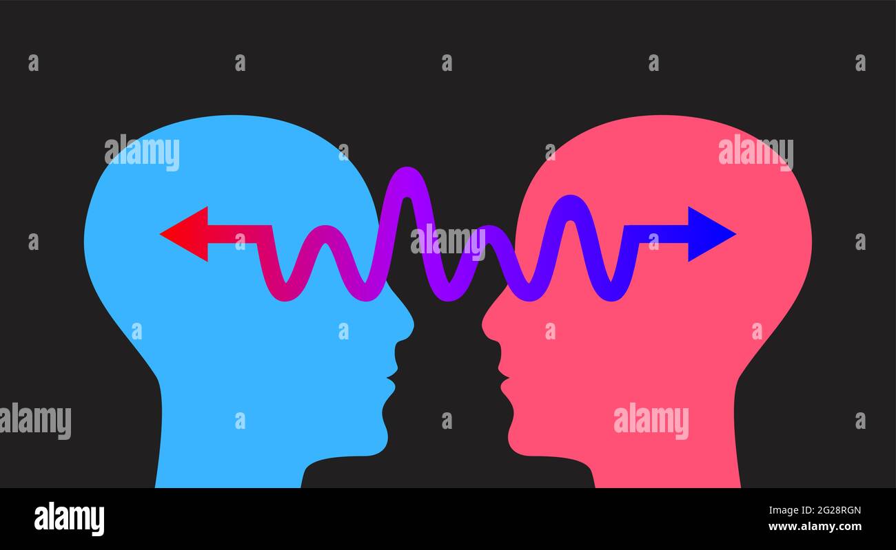 Gesprächssymbol mit zwei Profilen und Pfeil. Empathie-Logo. Verständnis des Konzepts. Therapiezeichen. Symbol für emotionale Intelligenz Stock Vektor