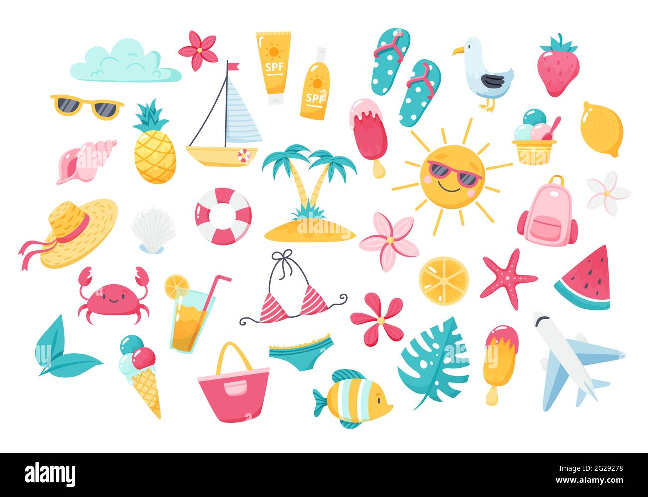 Sommer-Set mit niedlichen Strandelementen: Bikini, Flip Flops, Obst, Blumen, Palmen. Handgezeichnete flache Cartoon-Elemente. Vektorgrafik Stock Vektor
