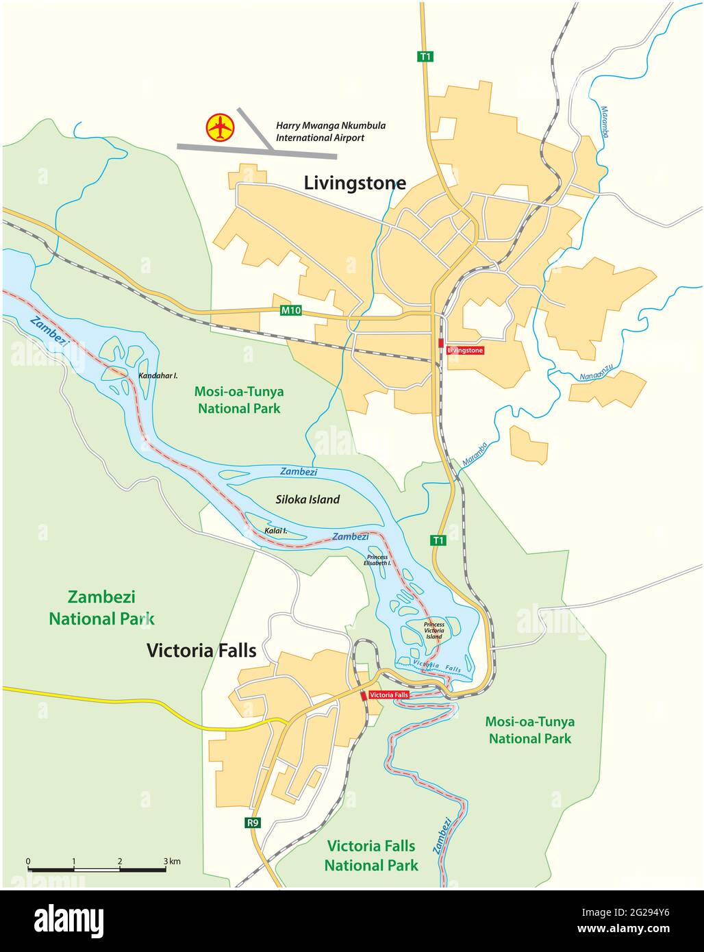Vektorkarte von Victoria Falls am Zambezi River, Samia, Simbabwe Stock Vektor