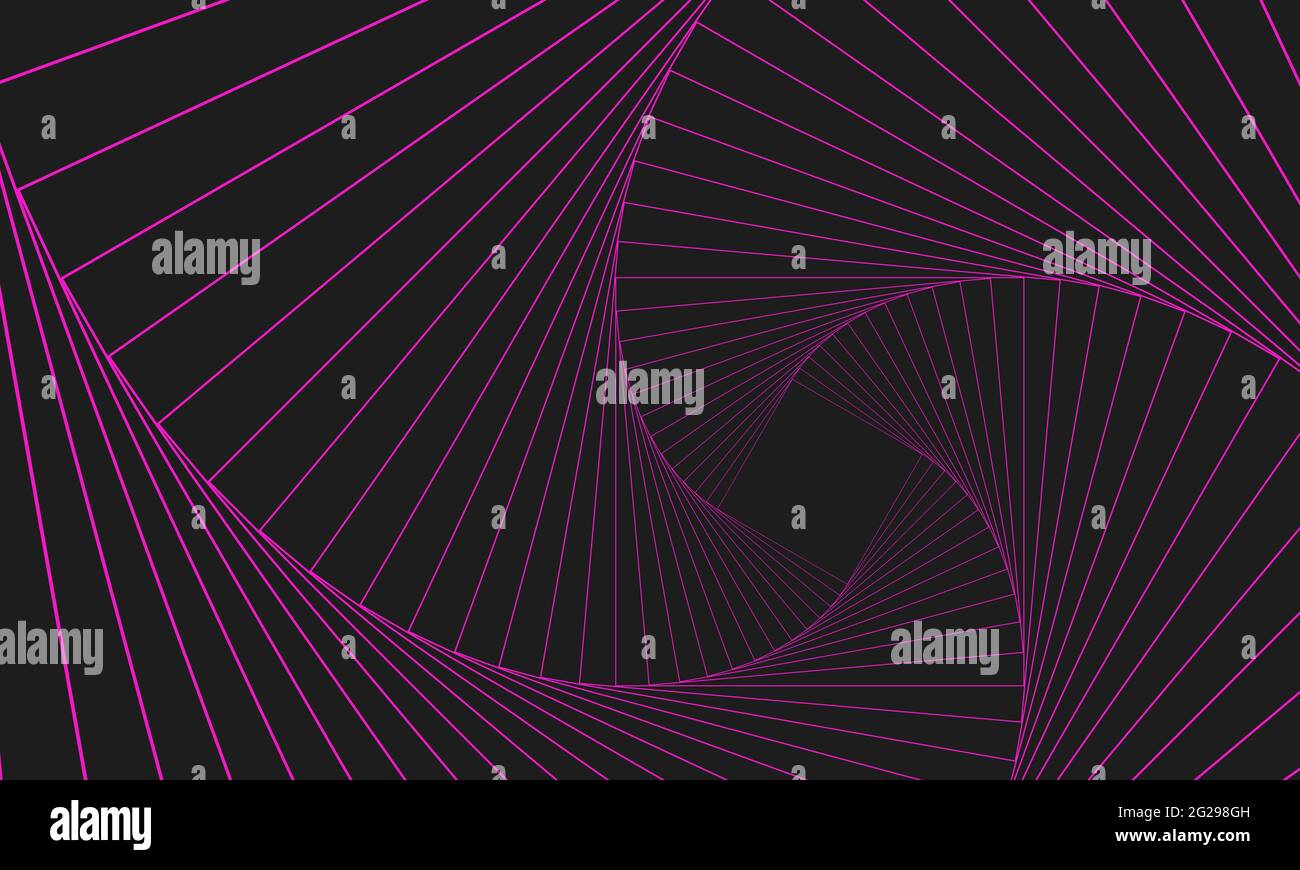 Abstraktes geometrisches Banner. Wirbelnde rosa Linien auf grauem Hintergrund. Wirbelwinkel, Wellenstreifen, Rotationsbewegung, Neon-Spiralbild. Futuristische Zweis Stock Vektor