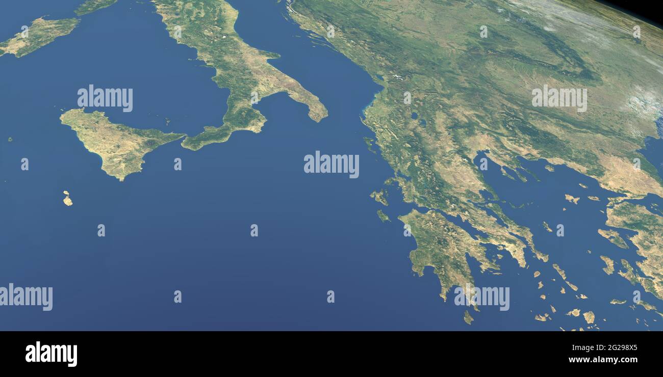 Ionisches Meer im Planeten Erde, Luftaufnahme aus dem Weltraum Stockfoto