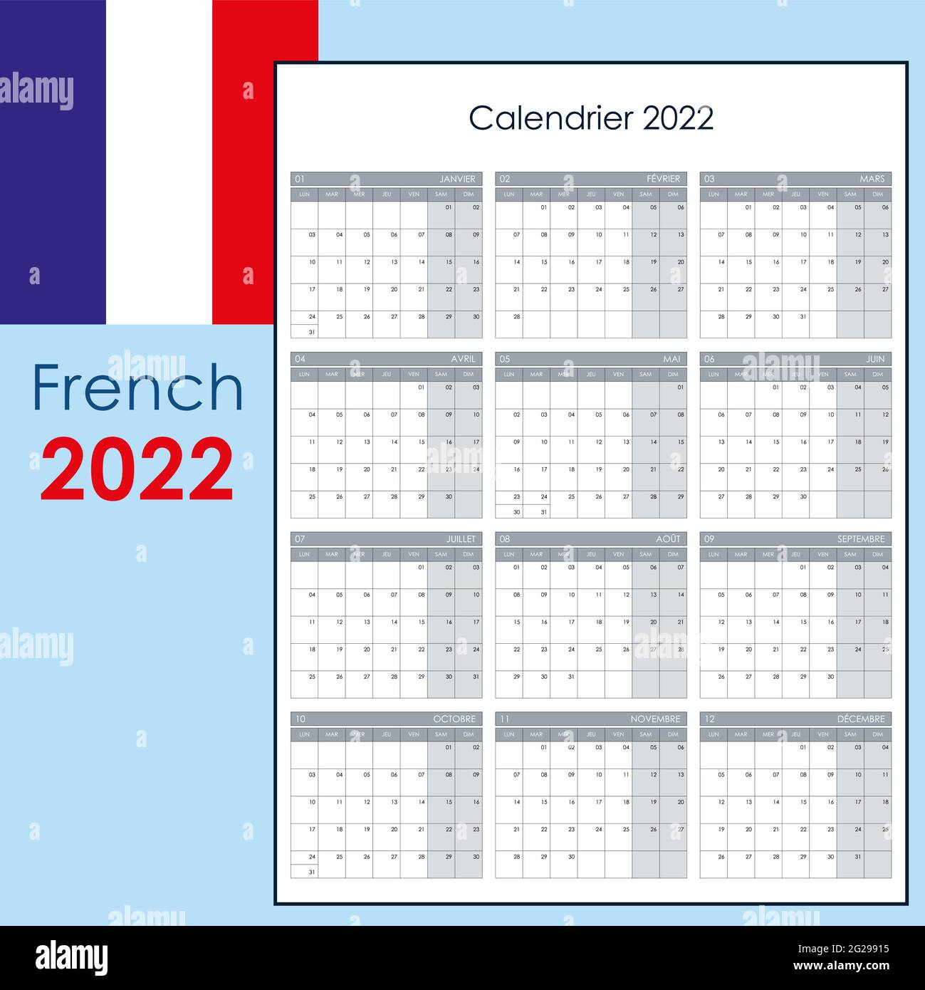 Kalender 2022. Wandplaner mit freiem Platz für Notizen. Vertikales Layout, Vorlage mit 12 Monaten auf einer Seite. Die Woche beginnt ab montag. Französische Sprache. Stock Vektor