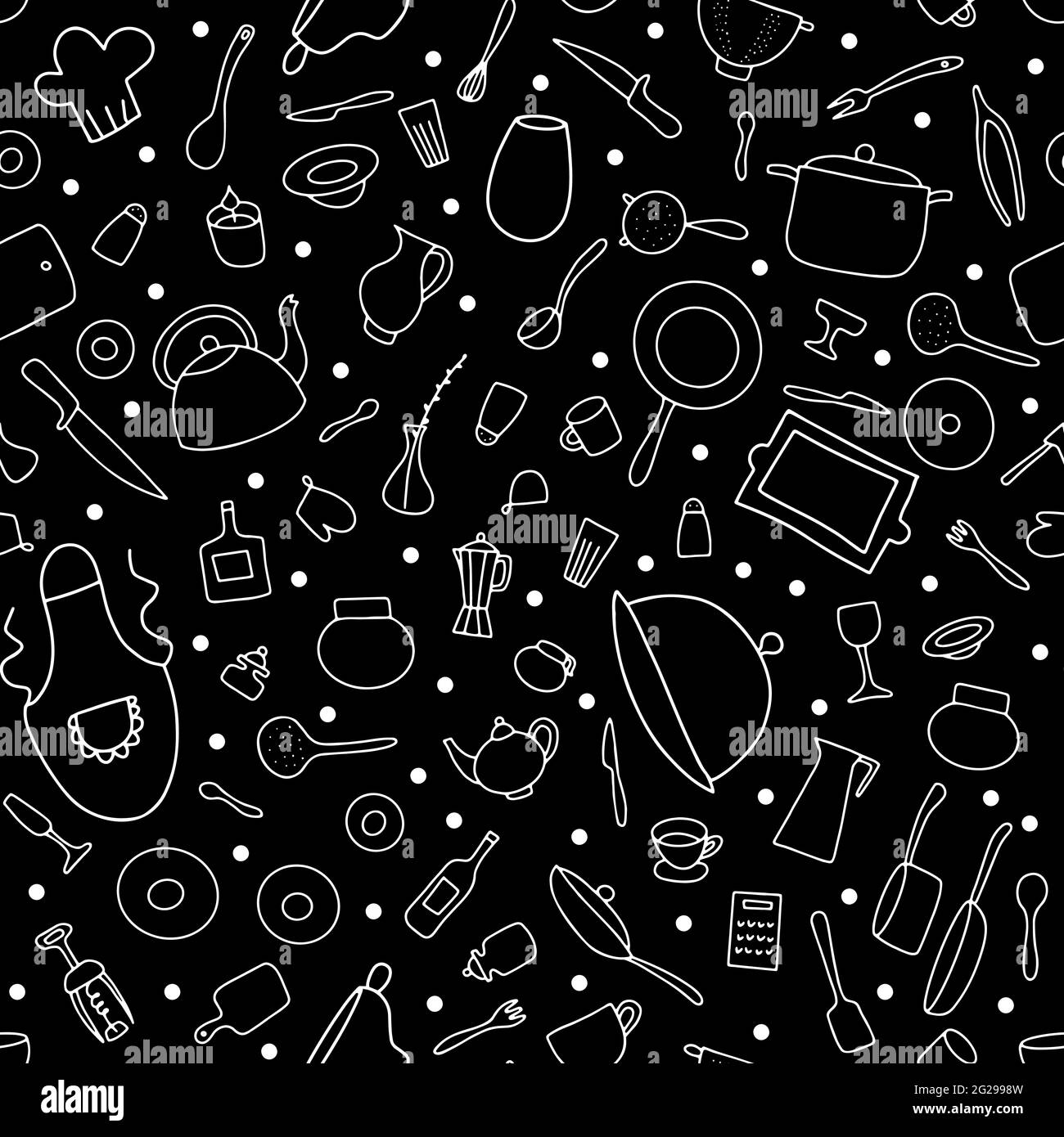 Nahtlose Doodle Geschirr Vektor-Muster. Skizzieren Sie Gerichte auf schwarzem Hintergrund. Kochtöpfe, Pfannen, Teller, Besteck, Wasserkocher, Kaffeetasse, Köche Stock Vektor