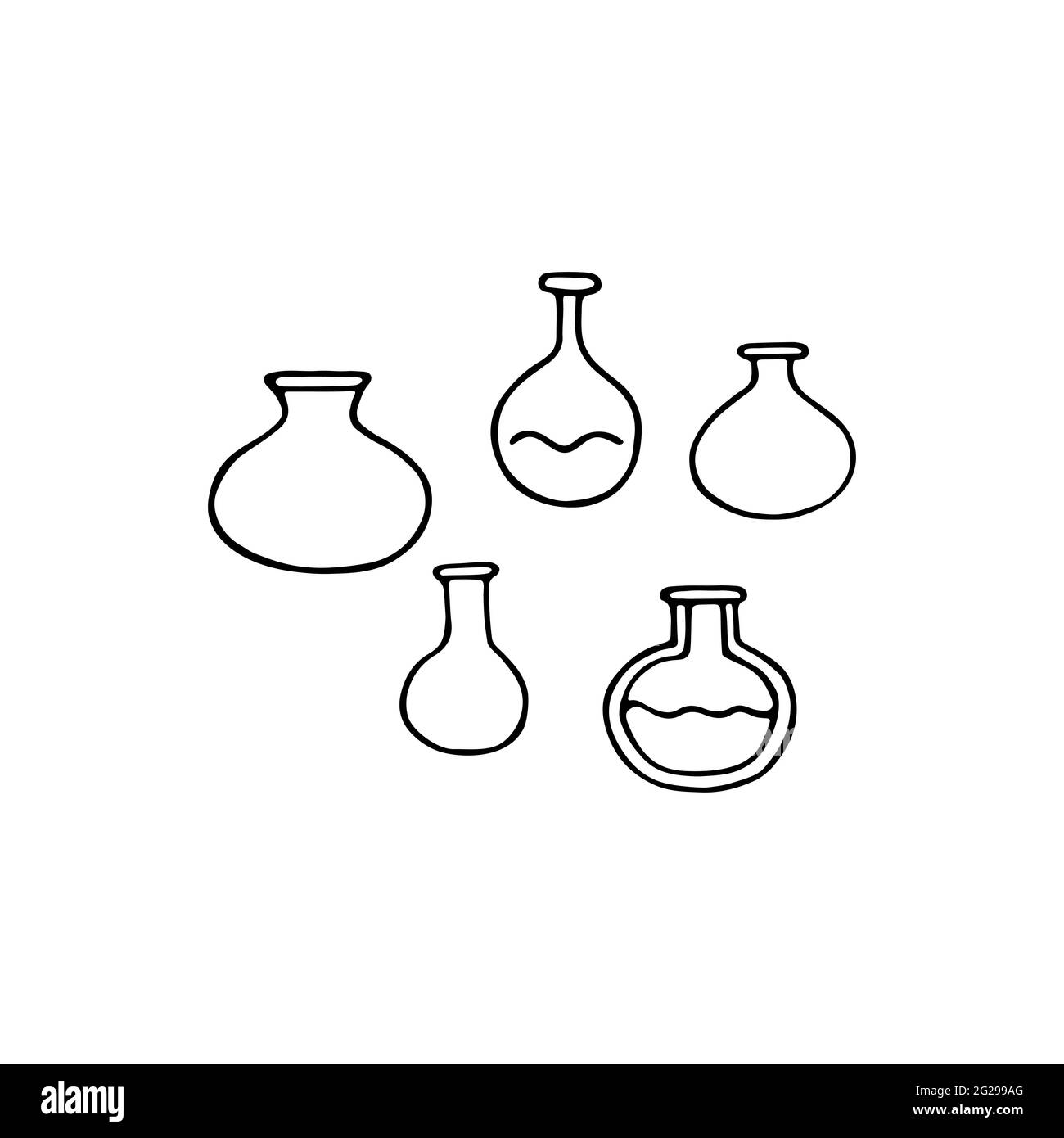 Doodle-Set für medizinische Reagenzgläser. Handgezeichnete Kolben isoliert auf weißem Hintergrund. Chemisches Glas für Medizin, Wissenschaft, Bildung, Schule, Labor Stock Vektor
