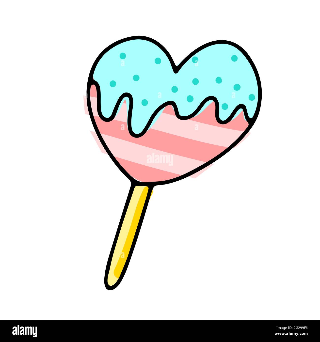Doodle Candy in Form eines Herzens. Lollipop isoliert auf weißem Hintergrund. Handgezeichnetes rosa, blaues Dessert mit Creme für Kinderparty, Ostern, Geburtstag Stock Vektor