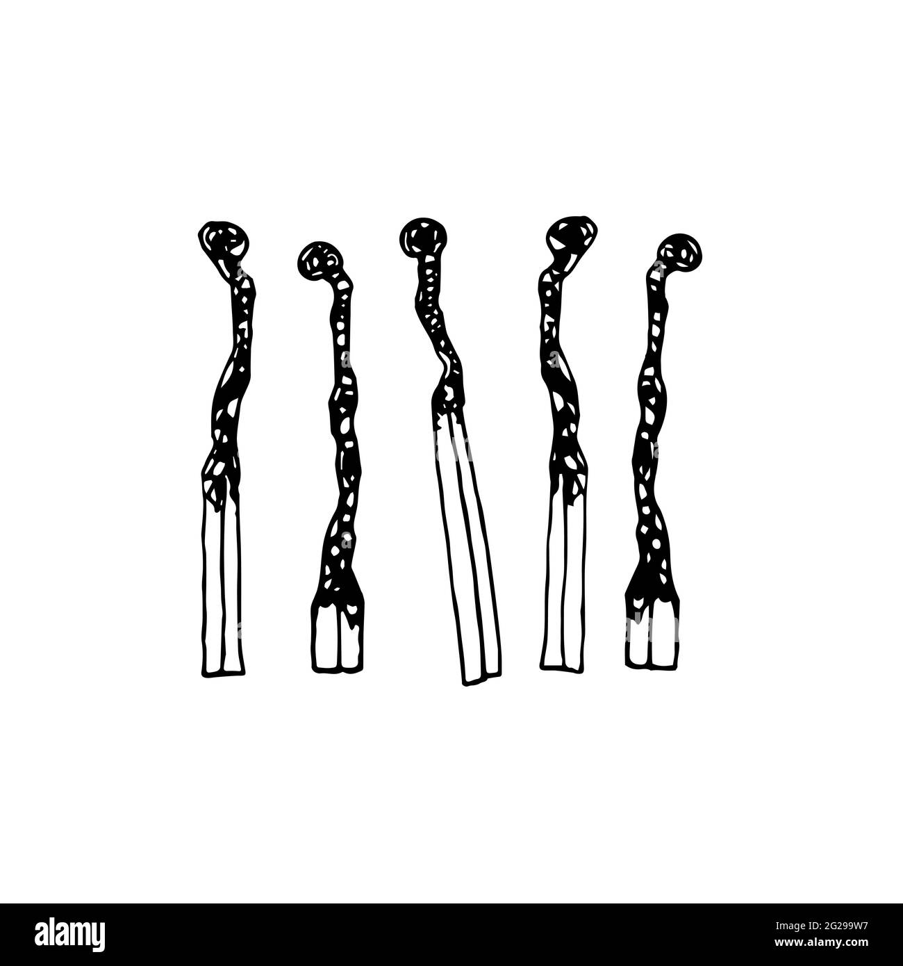 Doodle-Vektor-Sicherheitsübereinstimmungen festgelegt. Holzstäbchen mit neuen, verbrannten, verkohlten Streichhölzern, isoliert auf weißem Hintergrund. Minimalistisches Streichholzsymbol von „Ignite“, „Fire“ Stock Vektor