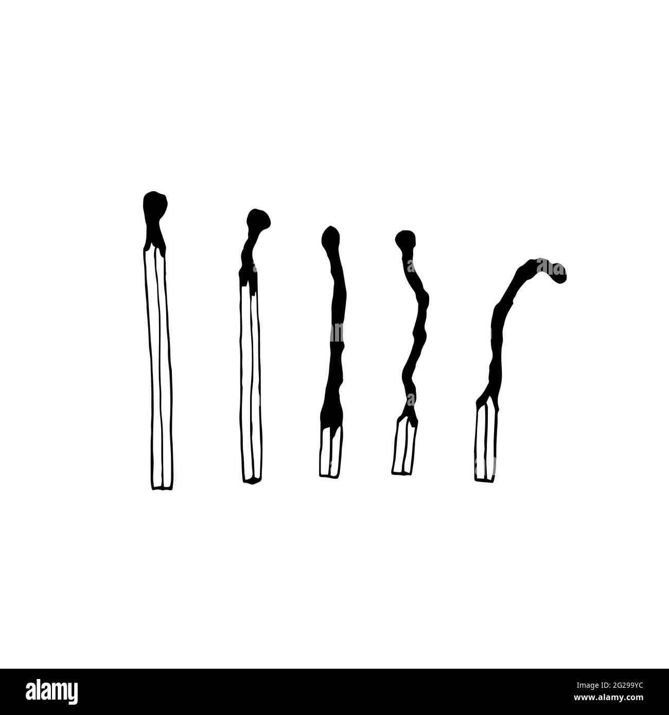 Doodle-Vektor-Sicherheitsübereinstimmungen festgelegt. Holzstäbchen mit neuen, verbrannten, verkohlten Streichhölzern, isoliert auf weißem Hintergrund. Minimalistisches Streichholzsymbol von „Ignite“, „Fire“ Stock Vektor