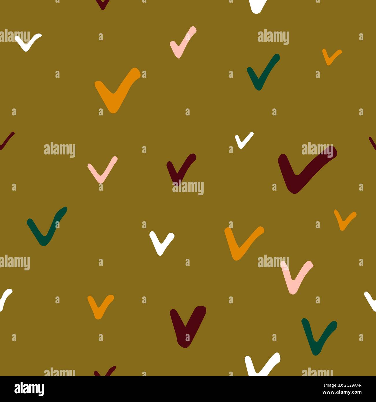 Nahtloses skandinavisches Herbstkritzelmuster. Handgezeichnete rote, rosa, goldene Karo-Markierungen auf grünem Khaki-Hintergrund. Vektor gemütliche Herbst Illustrationen für Wand Stock Vektor