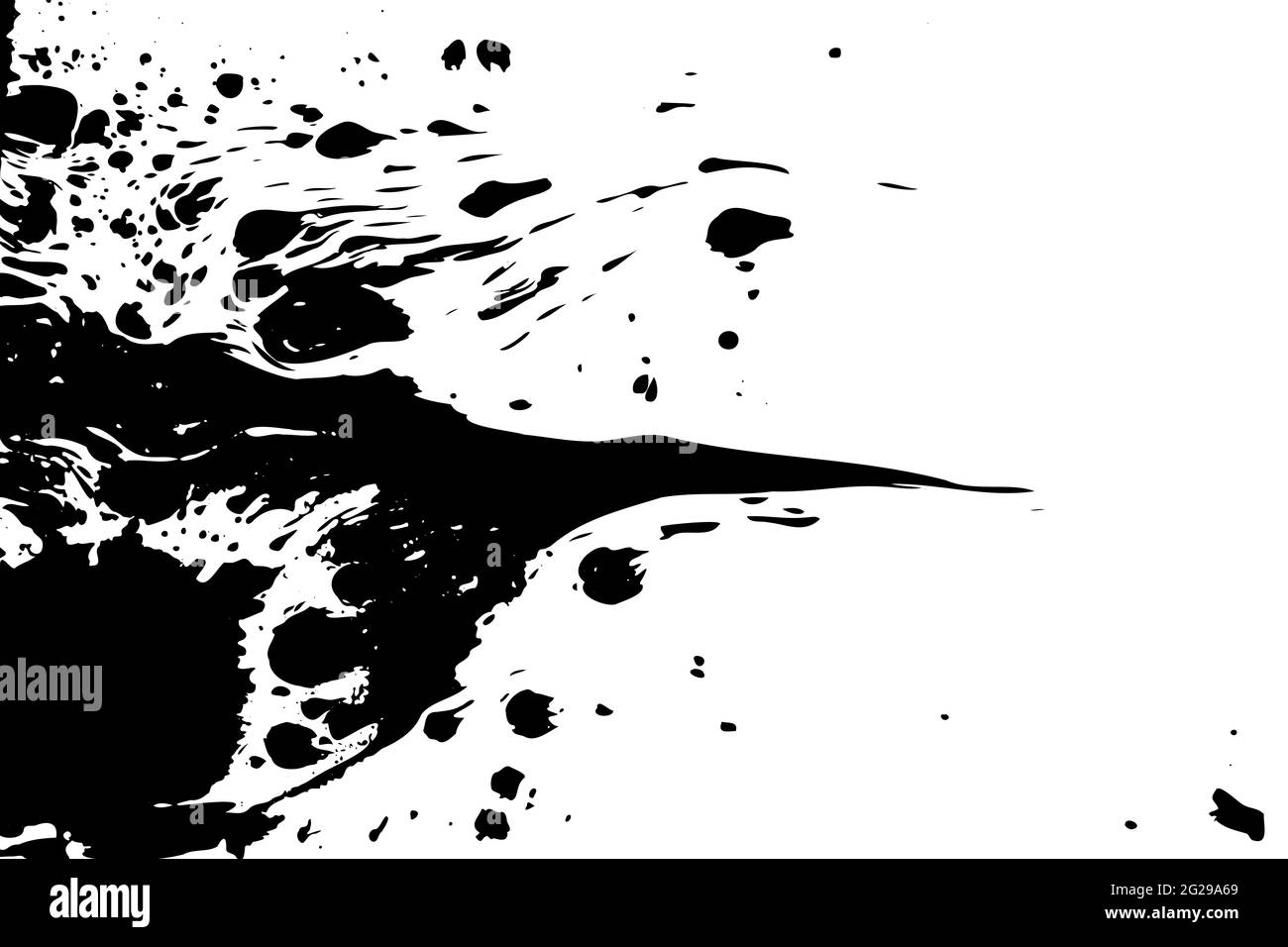 Abstrakte Vektorgravierung. Schwarze Farbspritzer auf weißem Hintergrund. Tropfender Fleck, Tropfen, Flecken, flüssige Tinte. Handgefertigter Text Stock Vektor