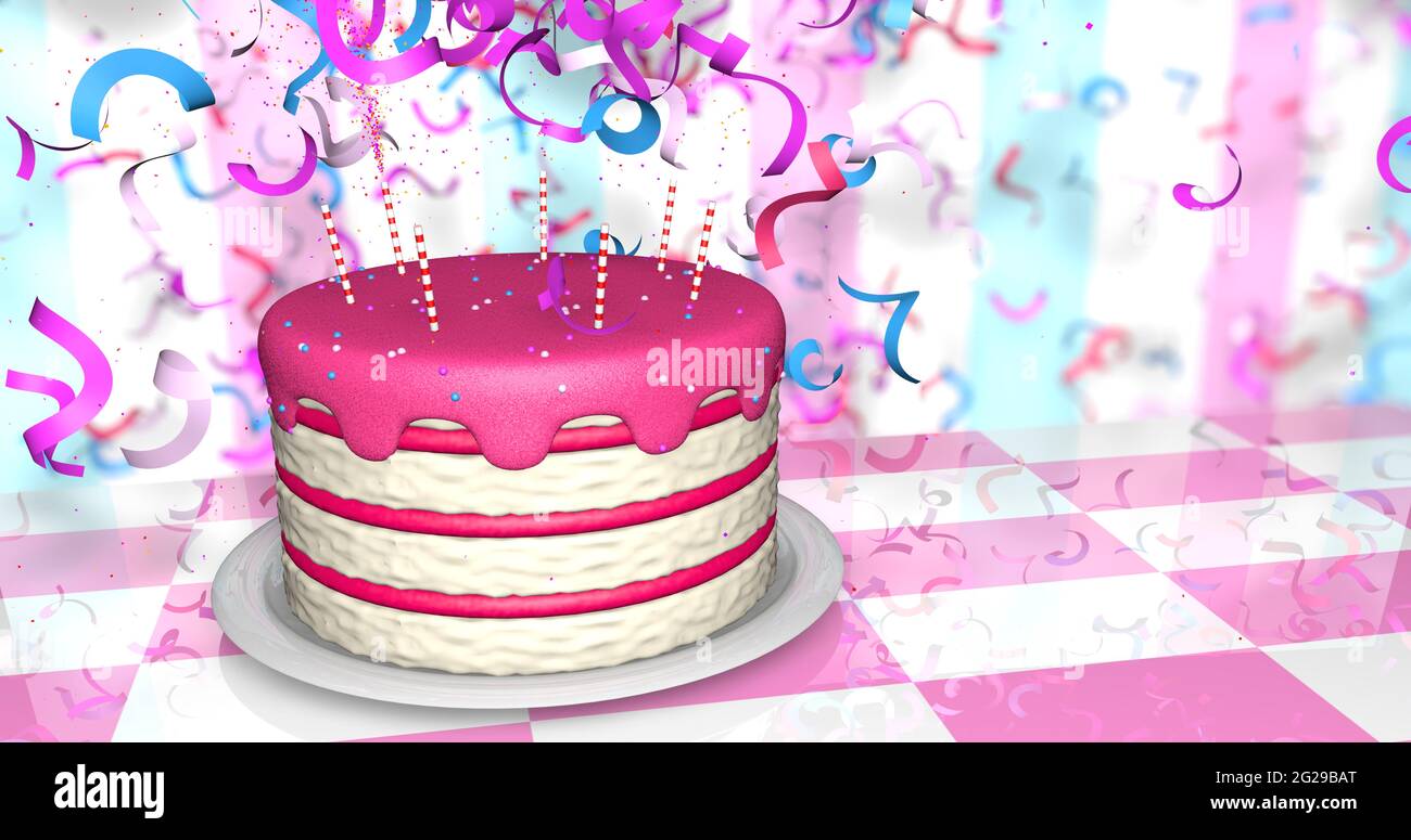 Grußkarte einer rot-weißen Geburtstagstorte mit roter Creme und Kerzen auf einem reflektierenden rosa-weißen Tisch, gibt es eine Explosion von Konfetti aus Stockfoto