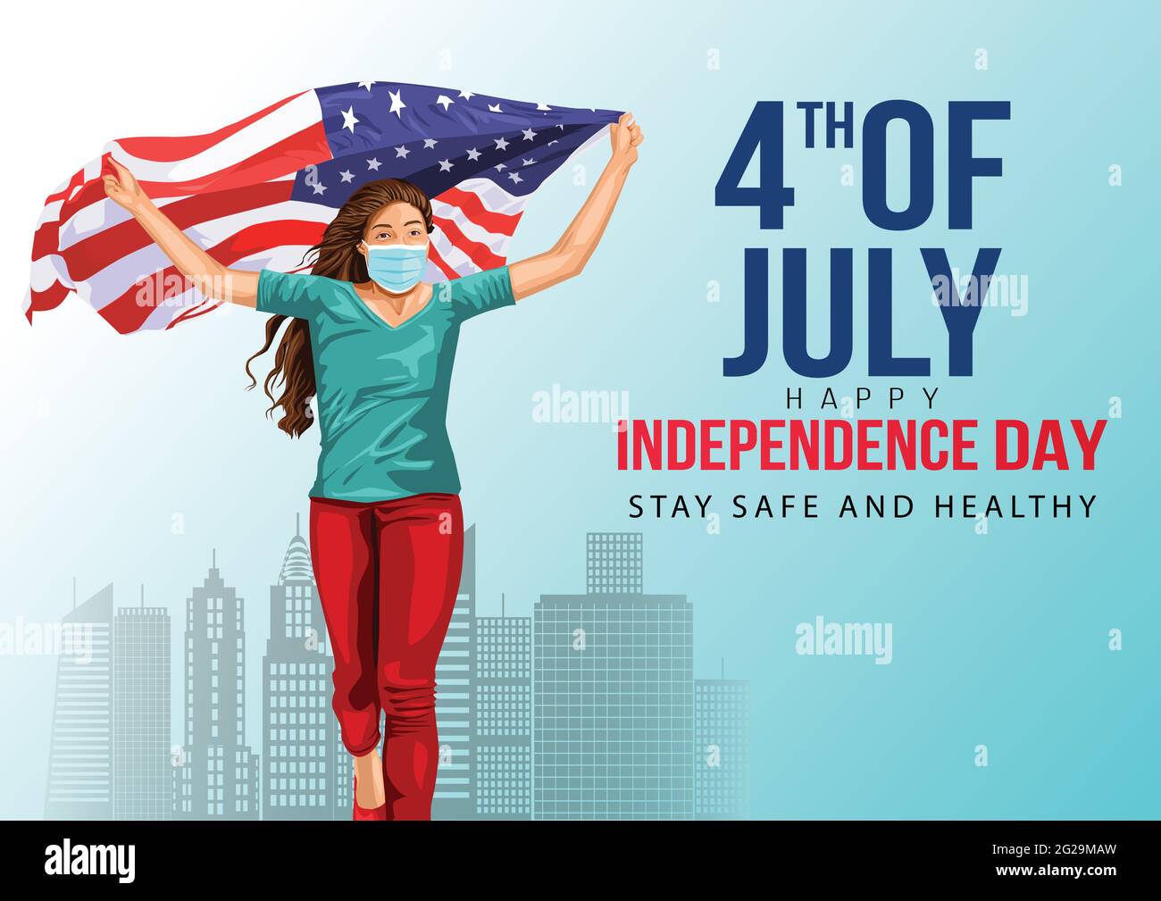 Junges Mädchen in einer Gesichtsmaske. Laufen mit Flagge von Amerika. Happy Independence Day of America. Juli. Coronavirus, covid-19 in Amerika. Das Konzept Stock Vektor